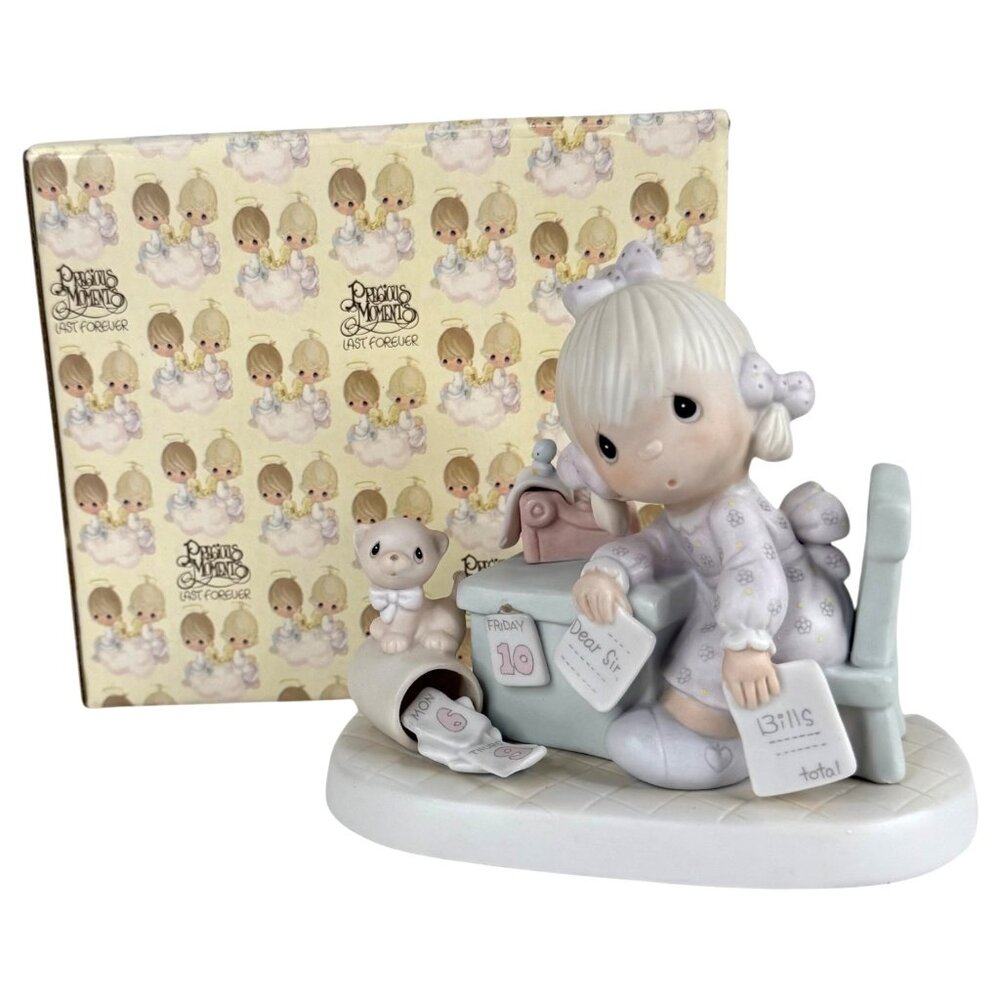 Precious Moments Figurine Praise The Lord‎ Anyhow Girl Writing Bills With Cat